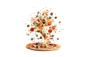 Pizza con flotante rebanadas y coberturas aislado en un transparente antecedentes png