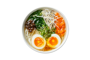Pho noodle soup with soft boiled eggs, mushrooms, chili peppers, and green onions on a transparent background png