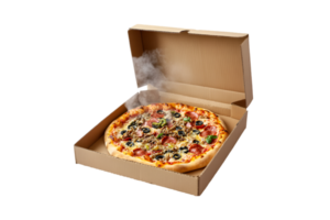 Hot pizza in an open cardboard box isolated on a transparent background png