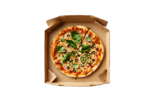 Pizza in a recyclable cardboard box isolated on a transparent background png