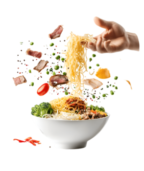 mano agregando tallarines a ramen cuenco con coberturas en un transparente antecedentes png