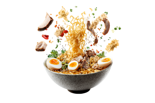 dinámica ramen chapoteo con huevos, cerdo, y vegetales en un transparente antecedentes png