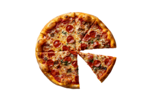 Pepperoni pizza with one slice separated isolated on a transparent background png