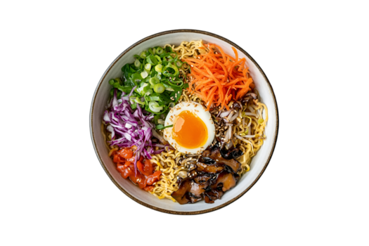 ramen cuenco con huevo, verduras, y hongos en un transparente antecedentes png