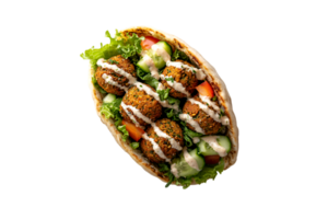 Fresh falafel pita wrap with tahini, vegetables, and cucumber on a transparent background png