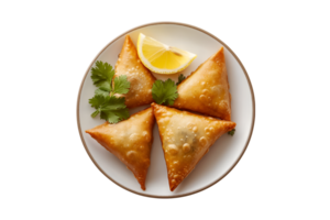 Golden fried samosas with cilantro and lemon wedge on a plate isolated on a transparent background png