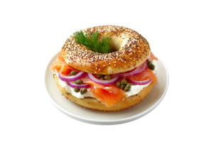 Bagel with smoked salmon, cream cheese, and capers on a transparent background png