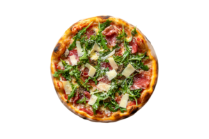 Prosciutto and arugula pizza with parmesan isolated on a transparent background png