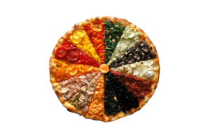 Colorful mixed topping pizza with various slices isolated on a transparent background png