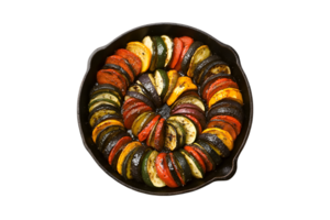 Ratatouille in a cast iron pan isolated on a transparent background png