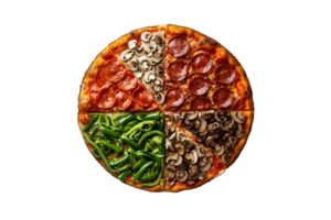 Four quarter pizza with different toppings isolated on a transparent background png