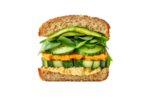 Vegetable sandwich with hummus, cucumber, and spinach on a transparent background png