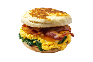 Bacon, egg, and cheese breakfast sandwich with spinach on an English muffin isolated on transparent background png