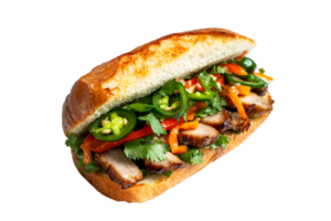Grilled pork banh mi sandwich with jalapenos and cilantro on a transparent background png