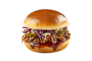 Pulled pork sandwich with coleslaw and pickles isolated on a transparent background png