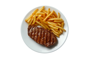 Grilled steak and fries on a plate isolated on a transparent background png