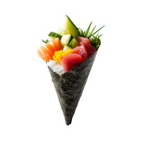 Hand roll sushi with tuna, salmon, and cucumber on a transparent background png