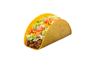Ground beef taco with lettuce, tomato, and cheese on a transparent background png