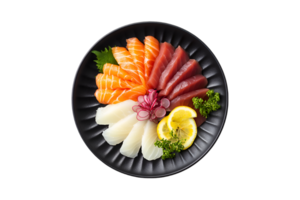 Sashimi platter with tuna and salmon on a black plate on a transparent background png
