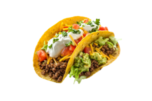 Tacos with ground beef, guacamole, and sour cream on a transparent background png