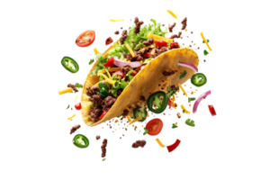 Beef taco with vegetables and cheese toppings isolated on a transparent background png