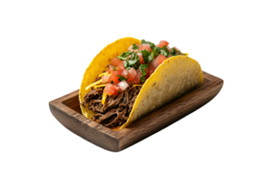 Shredded beef taco with pico de gallo in a wooden holder isolated on a transparent background png