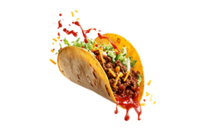 Exploding taco with ground beef, cheese, and salsa on a transparent background png