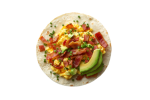 Breakfast taco with scrambled eggs, bacon, and avocado on a transparent background png