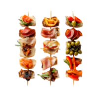 Skewered tapas with meats and vegetables on a transparent background png