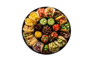 Assorted taco platter with guacamole in the center isolated on a transparent background png