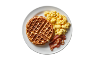 Waffle with scrambled eggs and bacon on a transparent background png