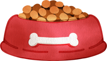 Kibble for dogs is in a large red bowl with a bone pattern, hand-drawn watercolor illustration png
