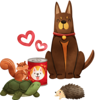 A variety of pets such as dogs, turtles, squirrels, hedgehogs, hand drawn watercolor painting png