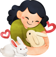A woman is hugging a rabbit with love, hand drawn watercolor painting png