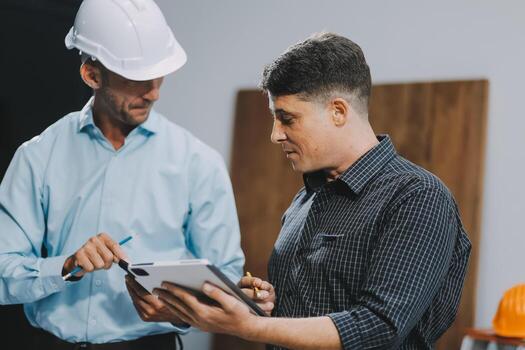 Team Engineers with draft plan of building on constructing site. Engineer work on site. engineer visit and inspection site engineer. Inspector engineer check and working on site. photo
