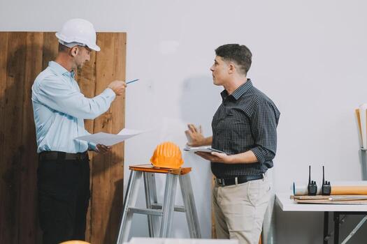 Team Engineers with draft plan of building on constructing site. Engineer work on site. engineer visit and inspection site engineer. Inspector engineer check and working on site. photo