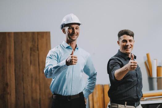 Team Engineers with draft plan of building on constructing site. Engineer work on site. engineer visit and inspection site engineer. Inspector engineer check and working on site. photo