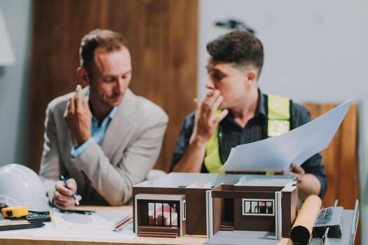 Team Engineers with draft plan of building on constructing site. Engineer work on site. engineer visit and inspection site engineer. Inspector engineer check and working on site. photo