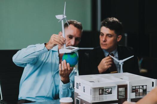 Engineers meeting about wind turbine model and house model. Renewable energy and housing development concept. Team of architects and engineers in modern office discussing design structure. photo