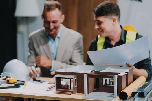 Team Engineers with draft plan of building on constructing site. Engineer work on site. engineer visit and inspection site engineer. Inspector engineer check and working on site. photo