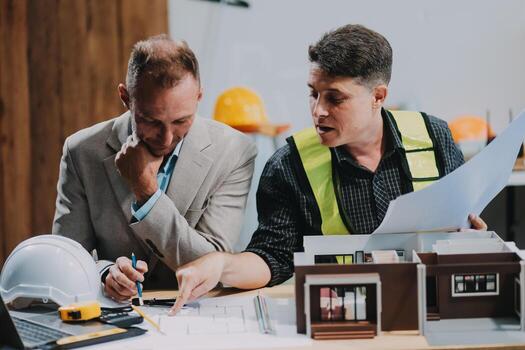 Team Engineers with draft plan of building on constructing site. Engineer work on site. engineer visit and inspection site engineer. Inspector engineer check and working on site. photo