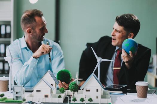 Engineers meeting about wind turbine model and house model. Renewable energy and housing development concept. Team of architects and engineers in modern office discussing design structure. photo