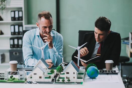 Engineers meeting about wind turbine model and house model. Renewable energy and housing development concept. Team of architects and engineers in modern office discussing design structure. photo