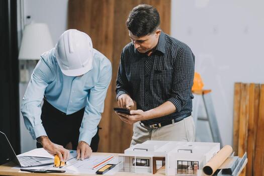 Team Engineers with draft plan of building on constructing site. Engineer work on site. engineer visit and inspection site engineer. Inspector engineer check and working on site. photo