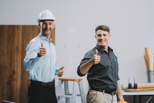 Team Engineers with draft plan of building on constructing site. Engineer work on site. engineer visit and inspection site engineer. Inspector engineer check and working on site. photo