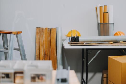 Team Engineers with draft plan of building on constructing site. Engineer work on site. engineer visit and inspection site engineer. Inspector engineer check and working on site. photo