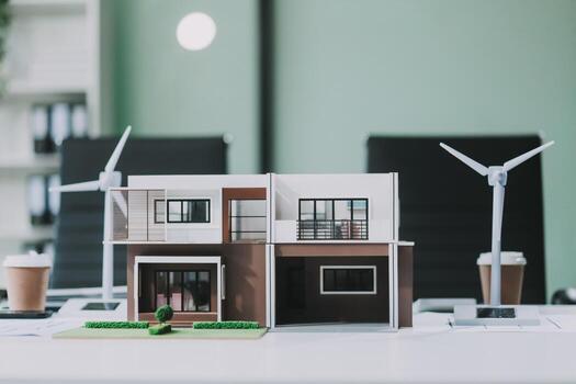 Engineers meeting about wind turbine model and house model. Renewable energy and housing development concept. Team of architects and engineers in modern office discussing design structure. photo