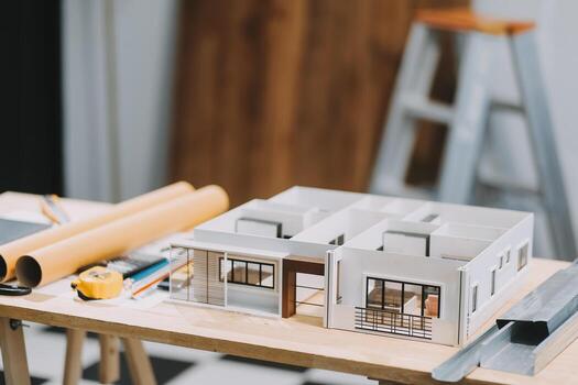 Team Engineers with draft plan of building on constructing site. Engineer work on site. engineer visit and inspection site engineer. Inspector engineer check and working on site. photo