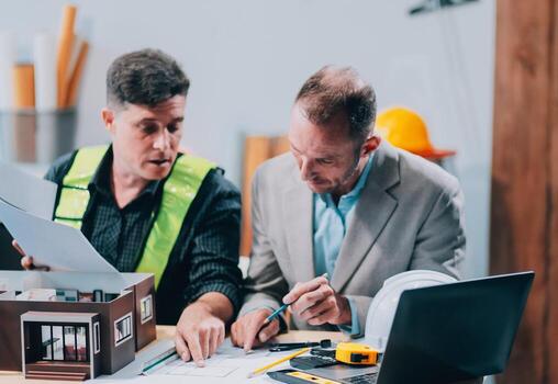 Team Engineers with draft plan of building on constructing site. Engineer work on site. engineer visit and inspection site engineer. Inspector engineer check and working on site. photo