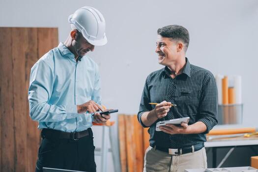 Team Engineers with draft plan of building on constructing site. Engineer work on site. engineer visit and inspection site engineer. Inspector engineer check and working on site. photo
